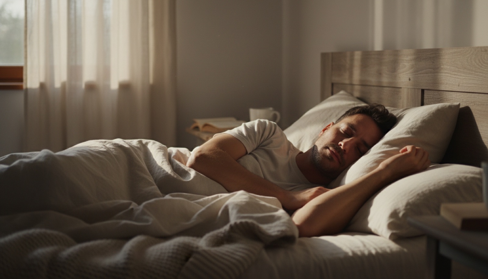Man sleeping deeply and peacefully at dawn β better sleep is among the first reported changes