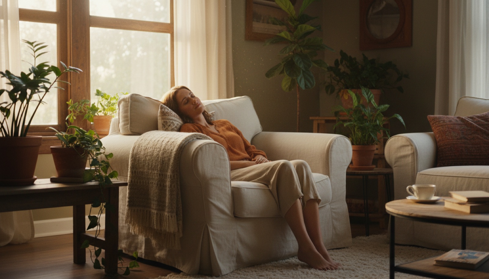 Woman relaxing at home while receiving a remote scalar energy session